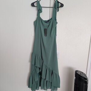 Lulus Tamryn Dark Sage Asymmetrical Ruffled Midi Dress Green - Size L